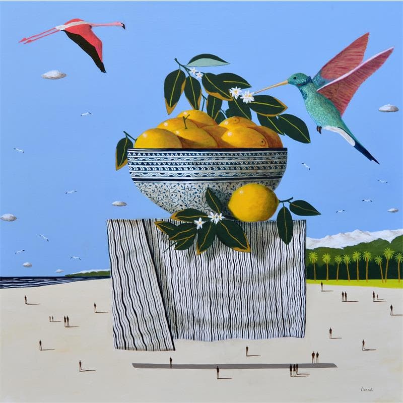 Gemälde Coupe de citrons, colibri et flamant rose von Lionnet Pascal | Gemälde Surrealismus Acryl Tiere