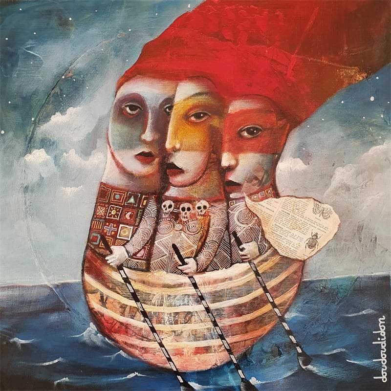 Peinture La barque d'Avalon par Doudoudidon | Tableau Art Singulier Marine Scènes de vie