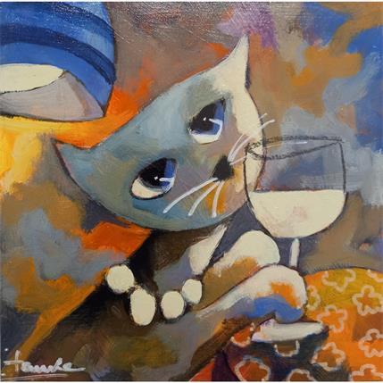 Gemälde Caline et son verre de lait von Fauve | Gemälde Figurativ Acryl, Holz Pop-Ikonen, Tiere