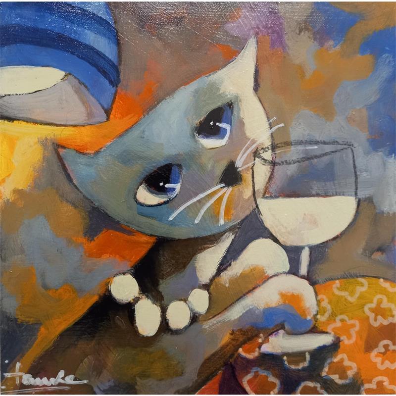 Gemälde Caline et son verre de lait von Fauve | Gemälde Figurativ Tiere Holz Acryl