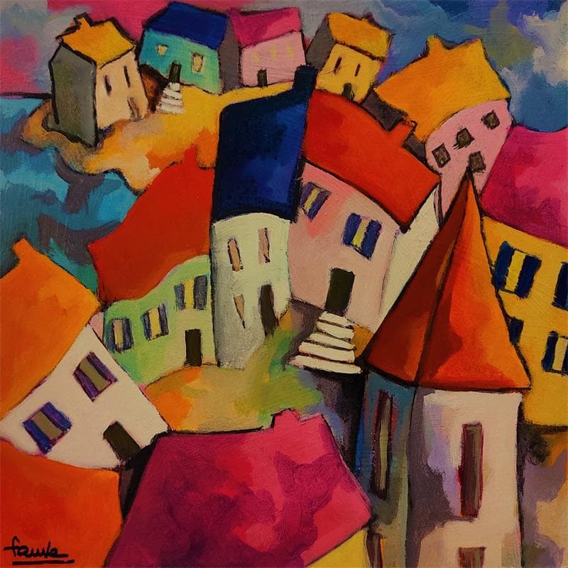 Gemälde La ronde des maisons von Fauve | Gemälde Figurativ Landschaften Acryl