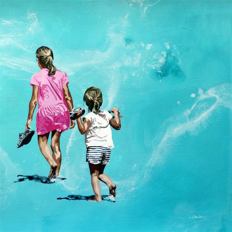 Gemälde soeurs aux pieds nus von Sand | Gemälde Figurativ Marine Alltagsszenen Acryl