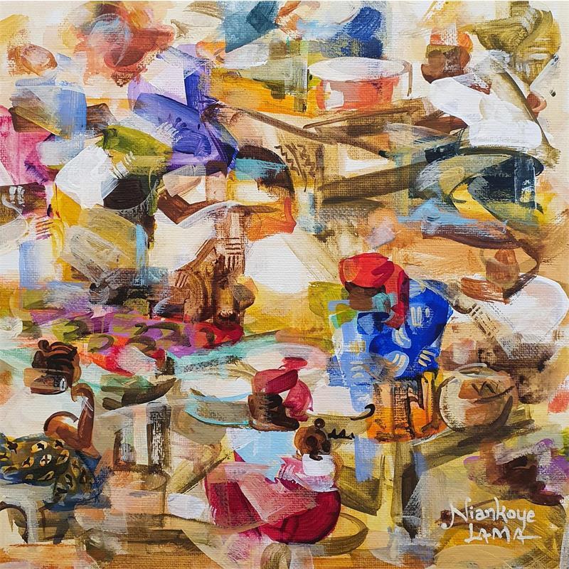 Peinture Ambiance sur le marché Africain 2 par Lama Niankoye | Tableau Figuratif Paysages Scènes de vie Acrylique