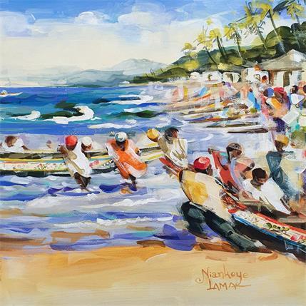 Painting Arrivée et départ des pêcheurs by Lama Niankoye | Painting Figurative Acrylic Life style, Marine