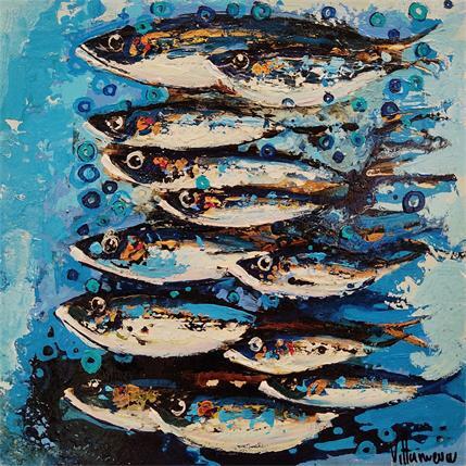 Painting Blue Sardines by Villanueva Puigdelliura Natalia | Painting Figurative Mixed Animals, Marine