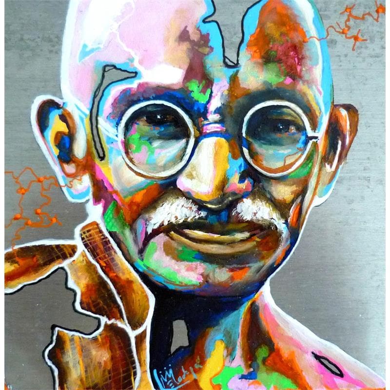 Peinture Gandhi par Medeya Lemdiya | Tableau Figuratif Mixte Portraits