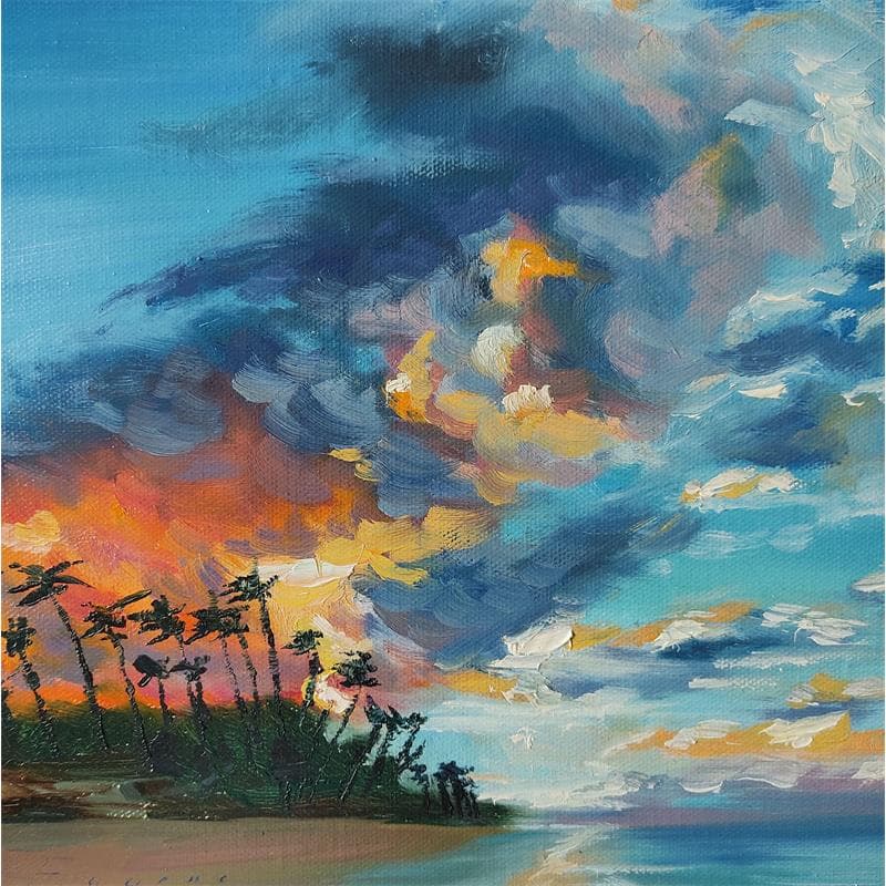 Gemälde Coucher de soleil tropical von Eugène Romain | Gemälde Figurativ Landschaften Öl