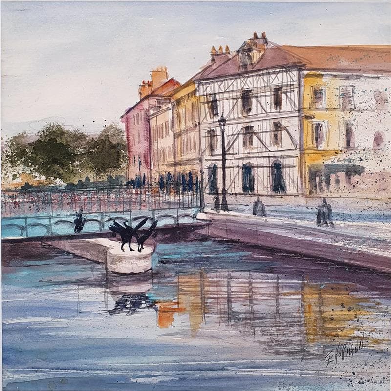Peinture Troyes 100 Canal par Hoffmann Elisabeth | Tableau Figuratif Paysages Aquarelle