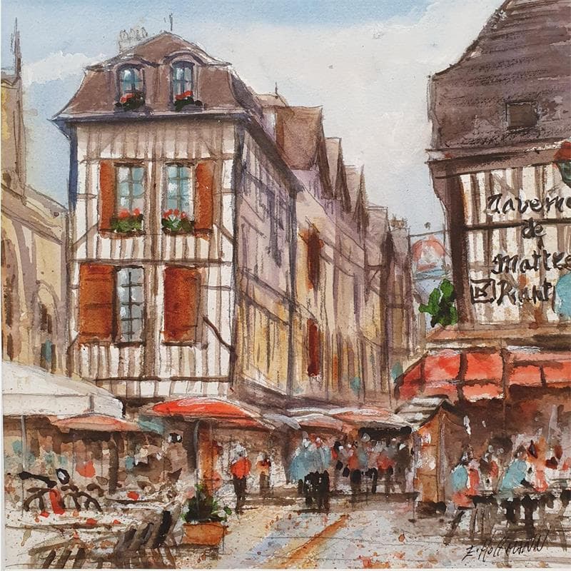 Painting Troyes 74 Place by Hoffmann Elisabeth | Painting Figurative Watercolor Landscapes