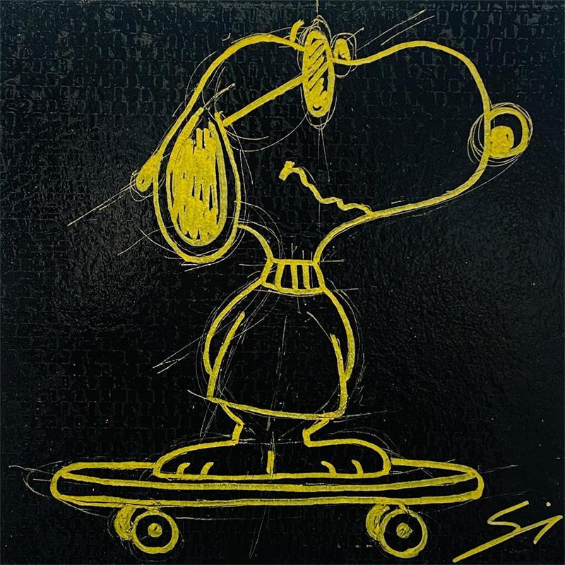 Painting snoopy in black by Mestres Sergi | Painting Pop-art Pop icons Graffiti Cardboard Acrylic