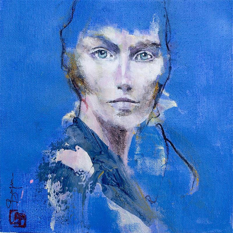 Gemälde sourire sur fond bleu von Bergues Laurent | Gemälde Figurativ Porträt Akt Acryl