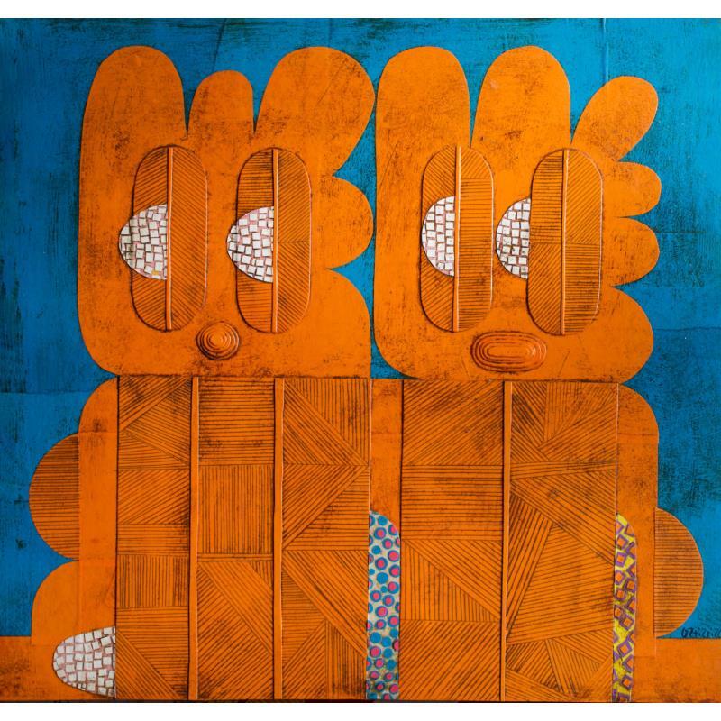 Gemälde Orange Twins von Ortiz Gustavo | Gemälde Art brut Porträt Pappe Collage