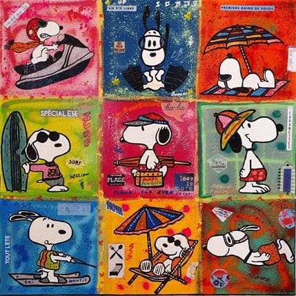 Peinture Snoopy beach by 9 par Kikayou | Tableau Pop Art Mixte icones Pop