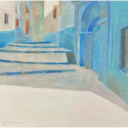 Peinture L'escalier bleu par Foucras François | Tableau Figuratif Mixte Paysages, scènes de vie, Vues urbaines