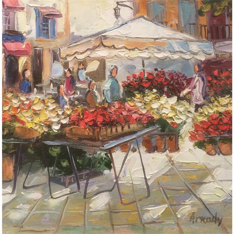 Gemälde Le marché aux fleurs von Arkady | Gemälde Figurativ Alltagsszenen Öl