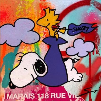 Painting snoopy is flying by Mestres Sergi | Painting Pop-art Cardboard, Graffiti Pop icons, Urban