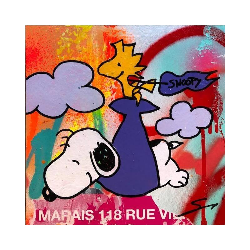 Painting snoopy is flying by Mestres Sergi | Painting Pop art Urban Pop icons Mixed
