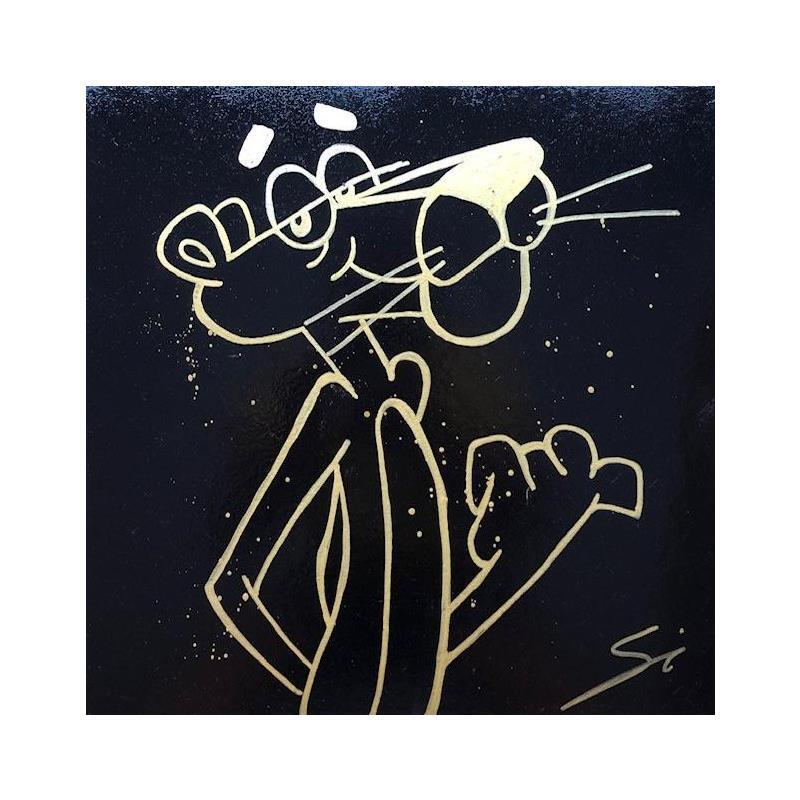 Painting pink panther in black and gold by Mestres Sergi | Painting Pop art Mixed Pop icons