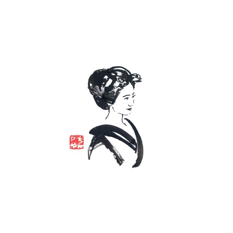 Gemälde geisha von Péchane | Gemälde Figurativ Aquarell, Tinte Porträt