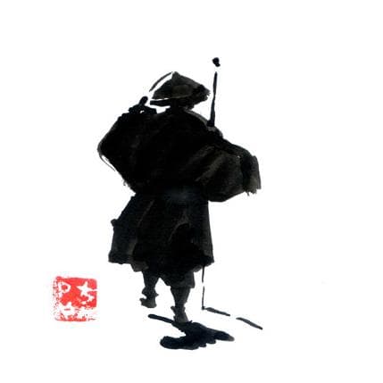 Painting travelling monk by Péchane | Painting Figurative Ink, Watercolor Life style, Portrait