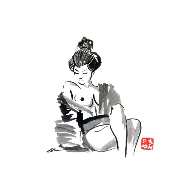 Painting geisha at the beach by Péchane | Painting Figurative Portrait Life style Watercolor
