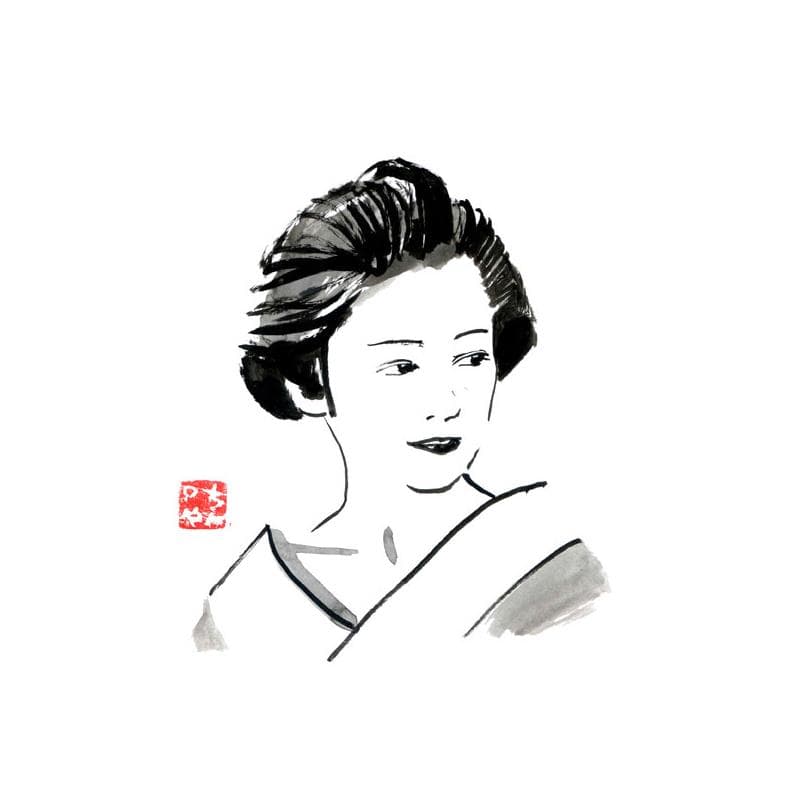 Painting smiling geisha by Péchane | Painting Figurative Portrait Watercolor Ink