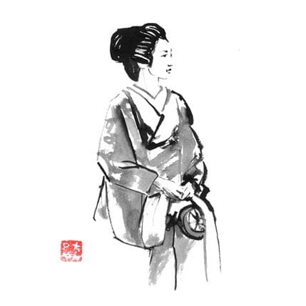 Gemälde waiting geisha von Péchane | Gemälde Figurativ Aquarell Alltagsszenen, Porträt
