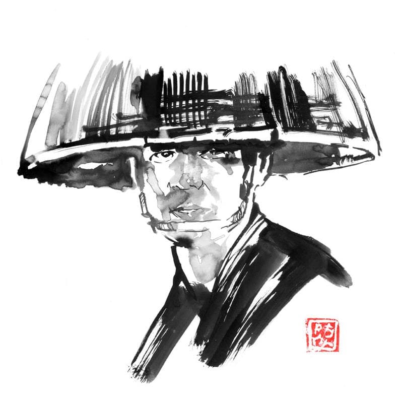 Peinture samurai under hat par Péchane | Tableau Figuratif Aquarelle Portraits