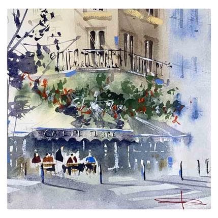 Peinture Café parisien en fleur par Kévin Bailly | Tableau Illustration Aquarelle Paysages, scènes de vie, Vues urbaines