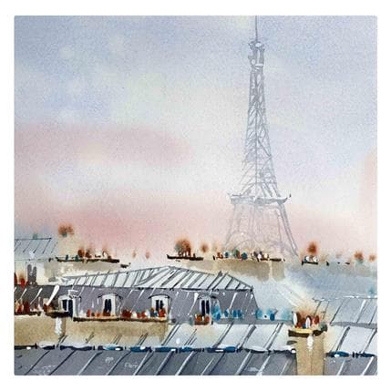 Peinture Toitures de Paris en rose par Kévin Bailly | Tableau Illustration Aquarelle, Mixte Paysages, scènes de vie, Vues urbaines