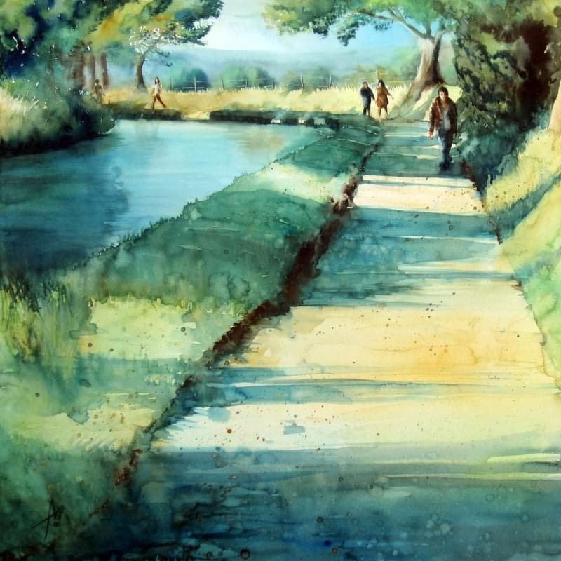 Painting Quelque part le long du Canal by Abbatucci Violaine | Painting Figurative Watercolor Landscapes