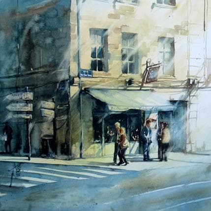 Painting Les habitués de chez Olivier by Abbatucci Violaine | Painting Figurative Watercolor Landscapes, Life style, Urban