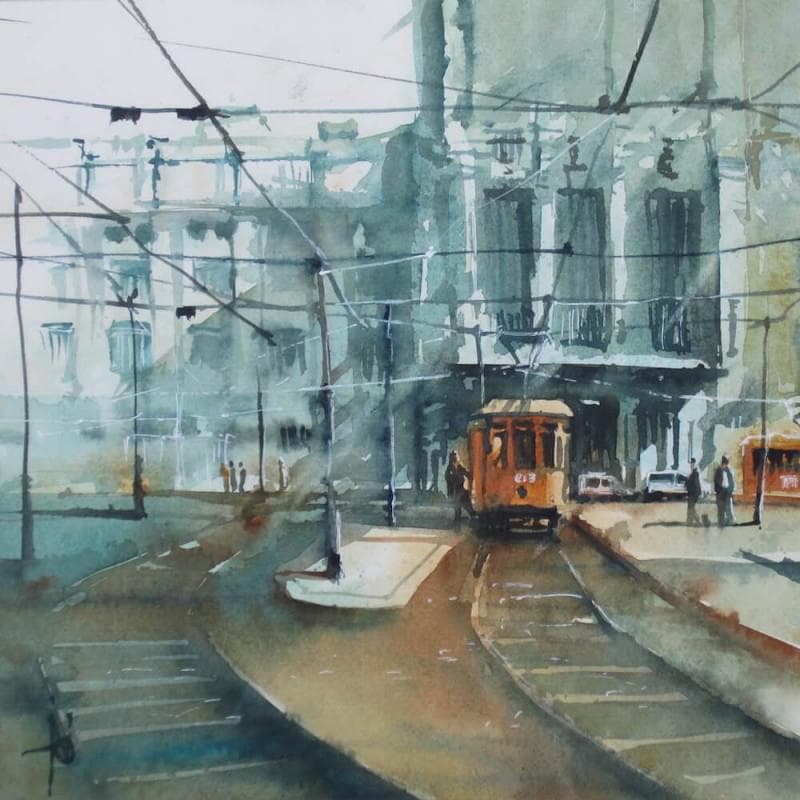 Peinture Carrefour des trams par Abbatucci Violaine | Tableau Figuratif Aquarelle Paysages