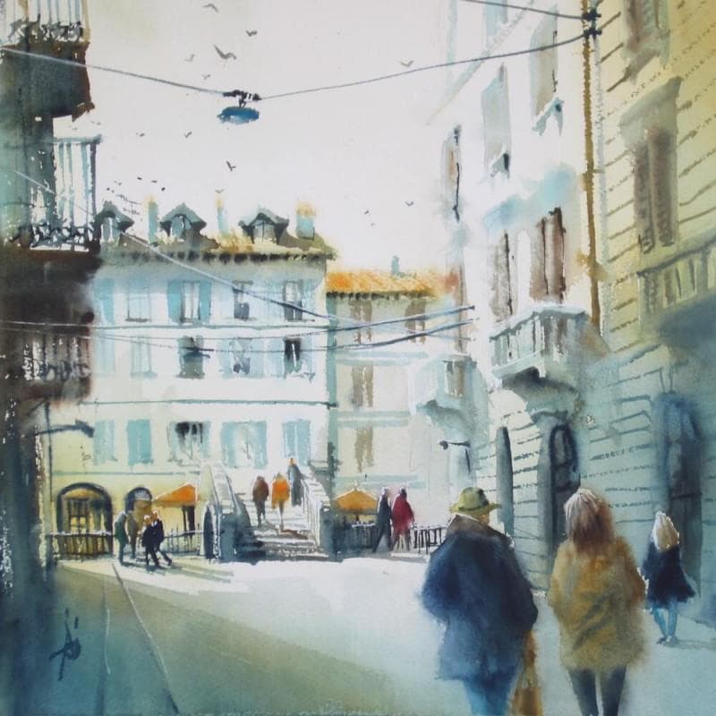Peinture La passerelle de Naviglio par Abbatucci Violaine | Tableau Figuratif Paysages Aquarelle