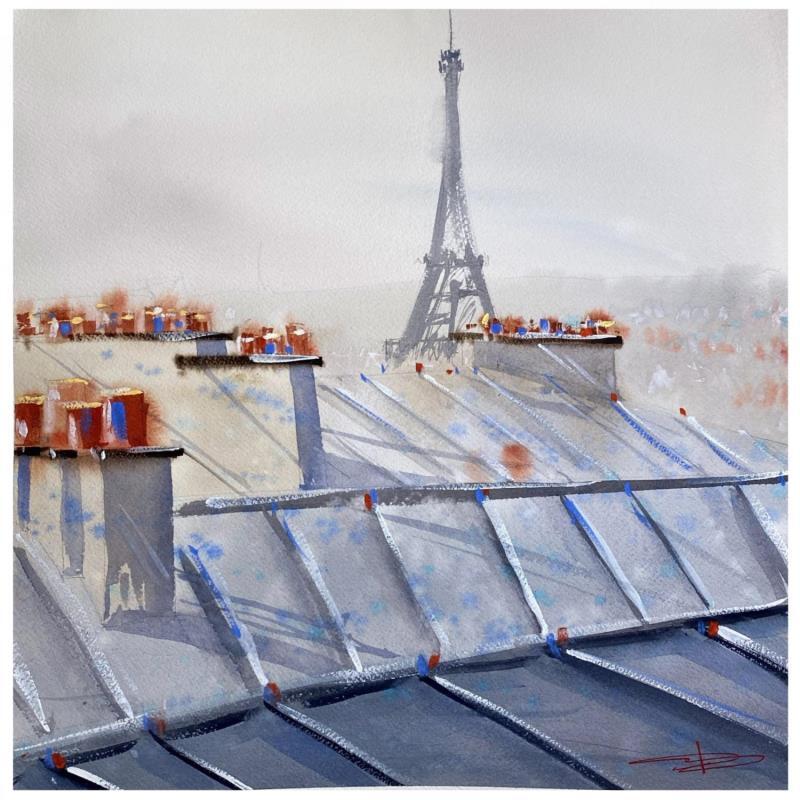 Peinture Toits de Paris sur la Tour Eiffel par Bailly Kévin  | Tableau Figuratif Urbain Aquarelle