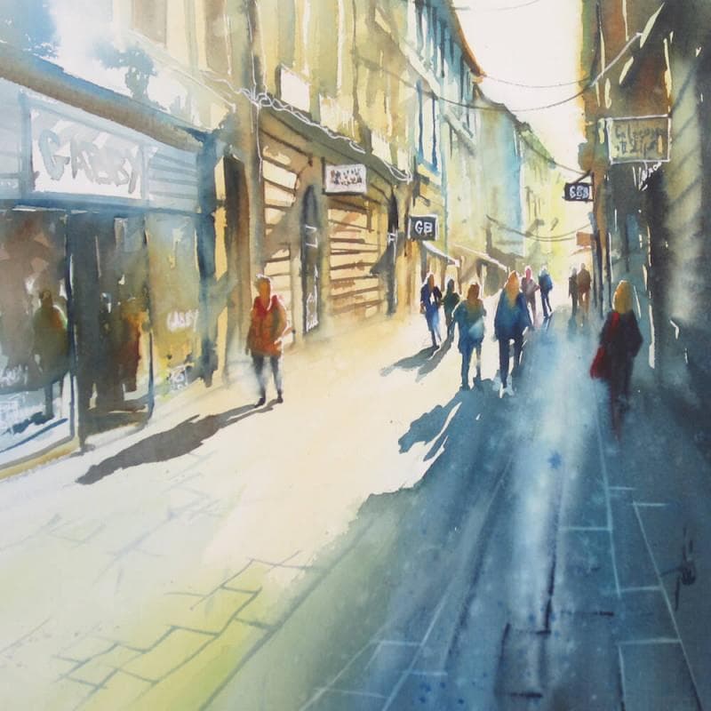 Painting Flânerie par les rues piétonnes by Abbatucci Violaine | Painting Figurative Watercolor Landscapes