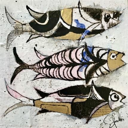 Painting Black & white fish by Colombo Cécile | Painting Illustrative Mixed Animals