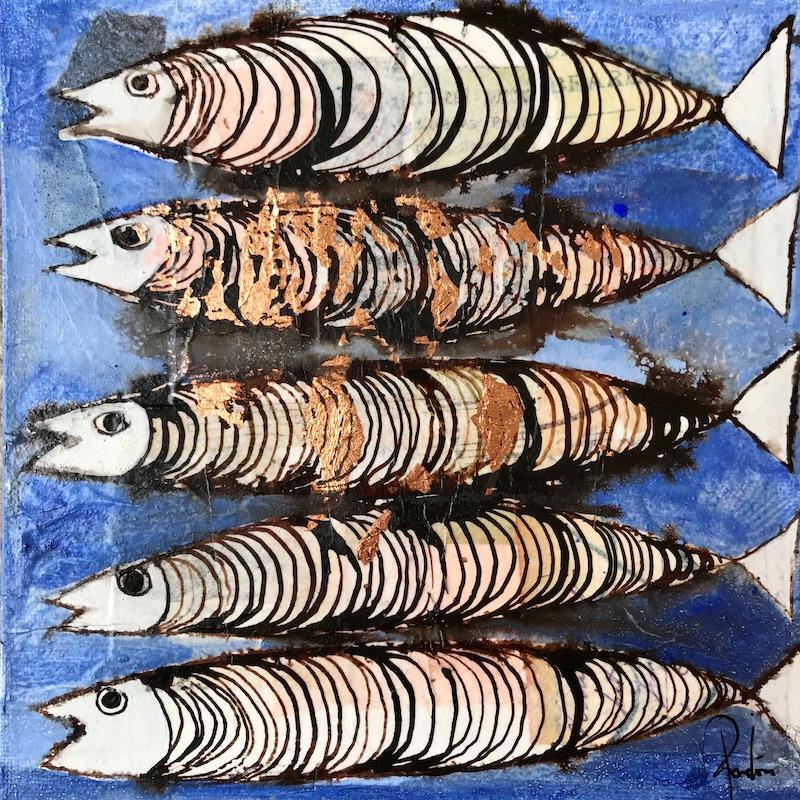 Peinture Sardines outremer par Colombo Cécile | Tableau Art naïf Animaux Acrylique Pastel