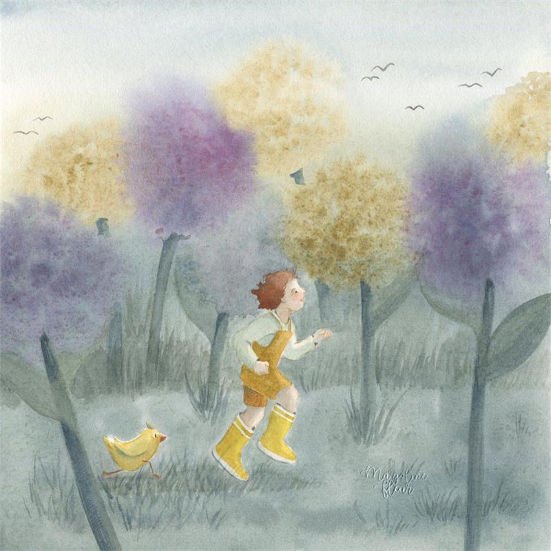 Painting Fleurs poussin enfant by Marjoline Fleur | Painting Naive art Watercolor Life style