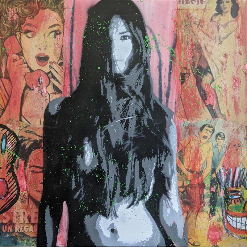 Gemälde La fille aux cheveux longs von Doisy Eric | Gemälde Street art Acryl, Graffiti Alltagsszenen, Porträt, Schwarz & Weiß