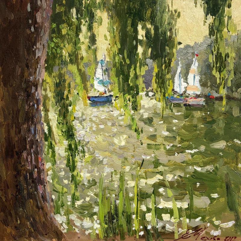 Gemälde Yachts on the lake von Mekhova Evgeniia | Gemälde Naive Kunst Öl