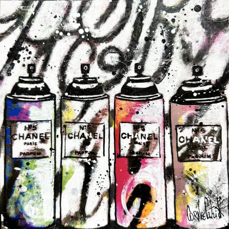 Gemälde Chanel spray graffiti von Cornée Patrick | Gemälde Street art Urban Pop-Ikonen Schwarz & Weiß