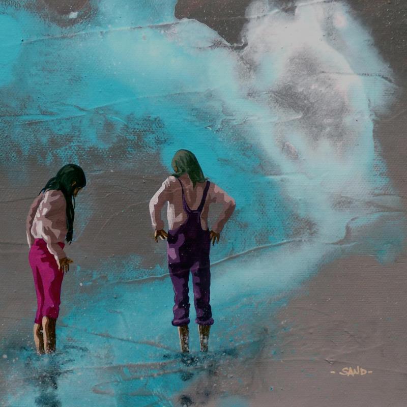 Peinture Onirique de plage pour filles attentives par Sand | Tableau Figuratif Marine Scènes de vie Acrylique