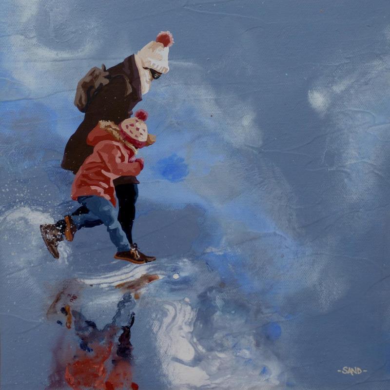 Peinture Jeu de splash en hiver par Sand | Tableau Figuratif Acrylique Marine, Scènes de vie
