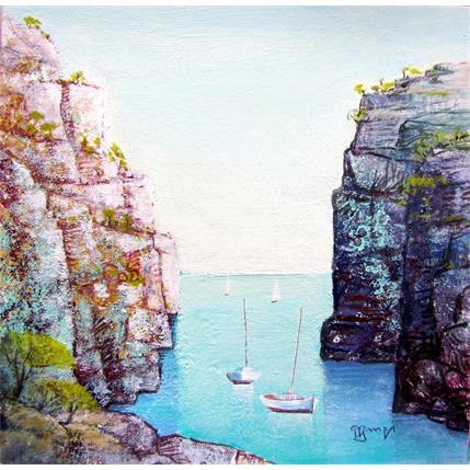 Peinture AM82 Calanque aux bateaux par Burgi Roger | Tableau Art Singulier Mixte Paysages, Vues marines
