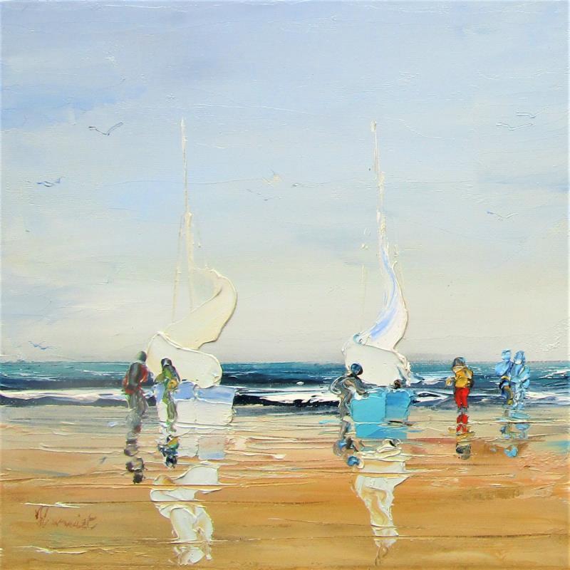 Gemälde Voiliers sur la plage von Hanniet | Gemälde Figurativ Landschaften Marine Alltagsszenen Öl