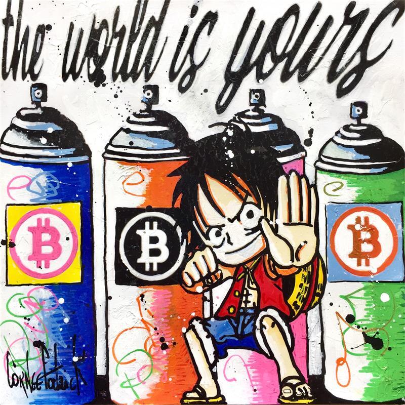 Gemälde One piece, Bitcoins spray von Cornée Patrick | Gemälde Pop-Art Pop-Ikonen