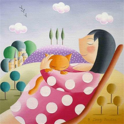 Painting Sieste avec mon chat by Davy Bouttier Elisabeth | Painting Illustrative Oil Animals, Pop icons