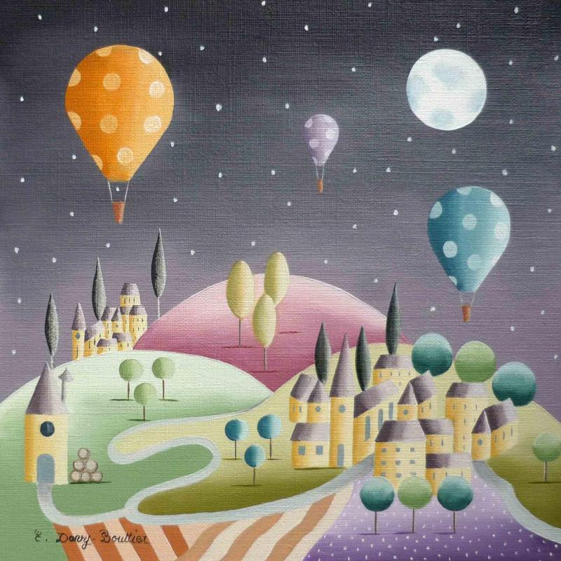 Peinture La nuit des montgolfières par Davy Bouttier Elisabeth | Tableau Art naïf Paysages Huile