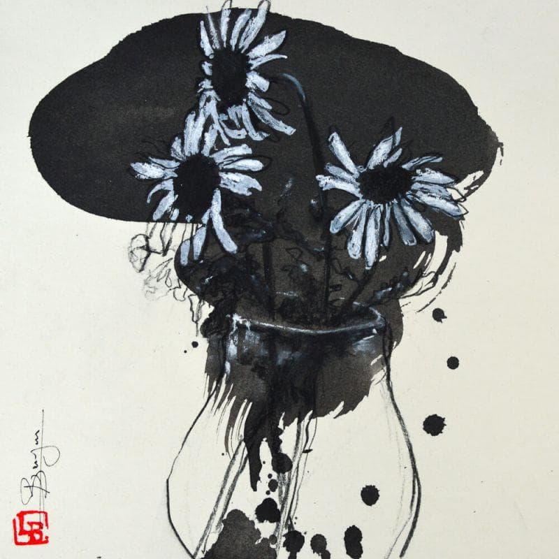 Painting Marguerites by Bergues Laurent | Painting Figurative Mixed still-life Black & White